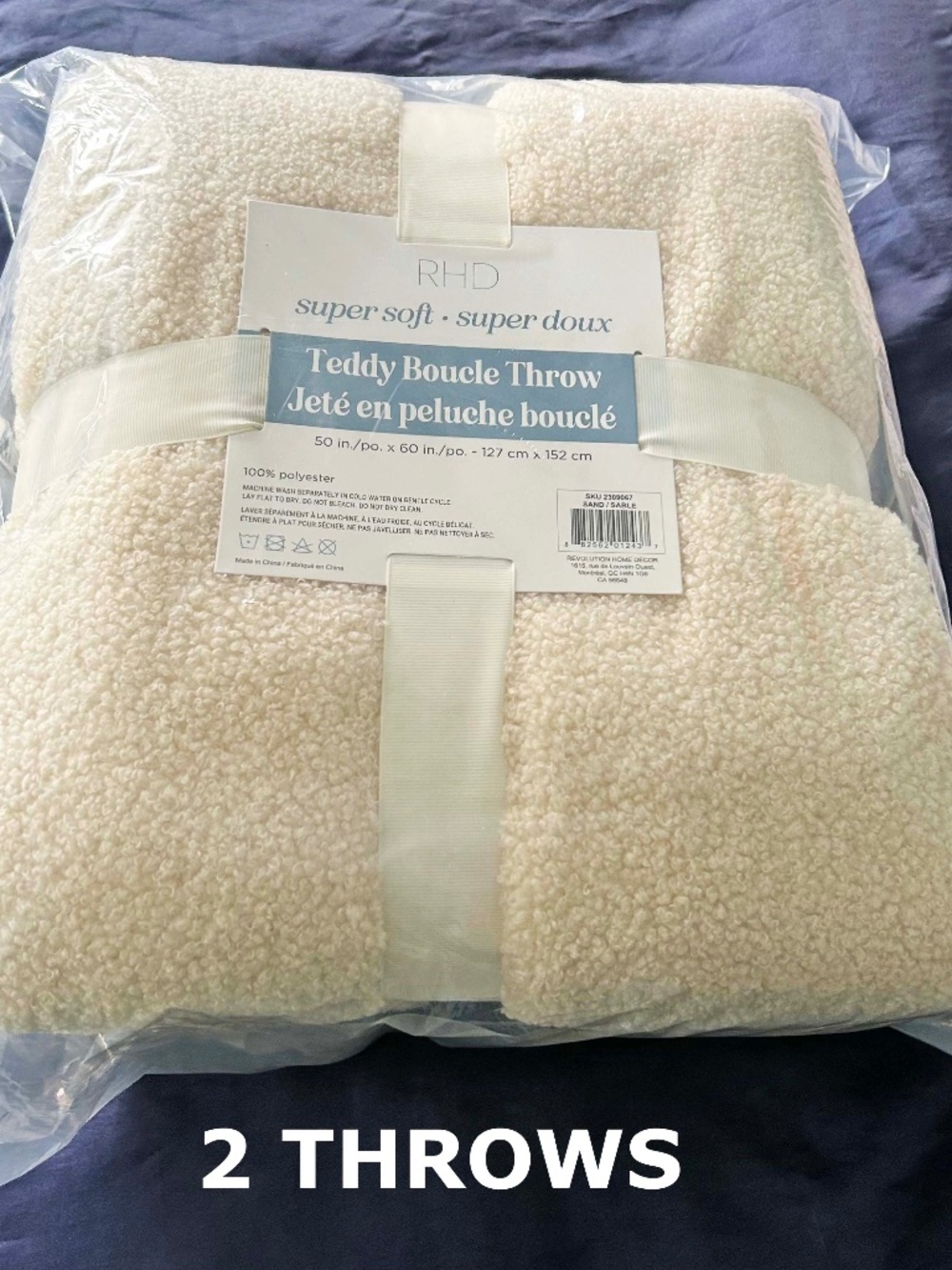 THROWS, PACK OF TWO, TEDDY BOUCLÉ, SAND, 50 x 60 inches, IN ORIGINAL PACKAGE,